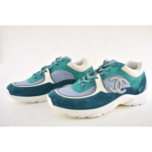 Chanel 19K Mens Green Grey Teal Blue White CC Logo Low Top Trainer Sneaker 44 11 - Picture 10 of 12